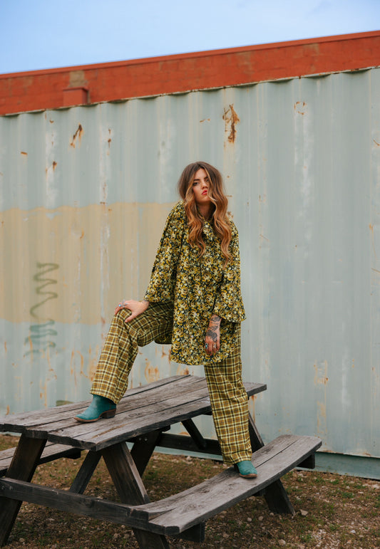 LTB 784 LUCK FOREST ROSE SET - NECK TIE TUNIC - PLAID PANT SET -HEMP