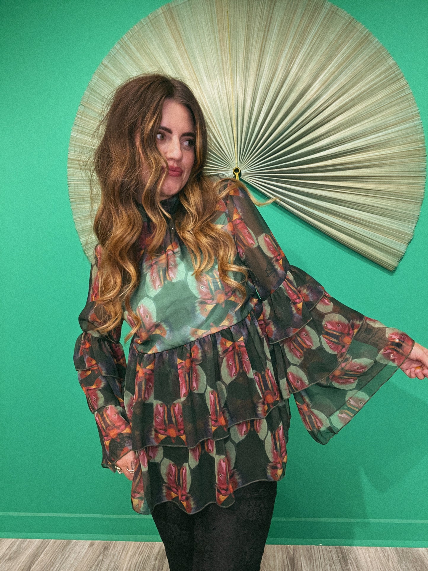 LTB 798 GREEN MOTH -LILLIAN RUFFLE SHEER TOP