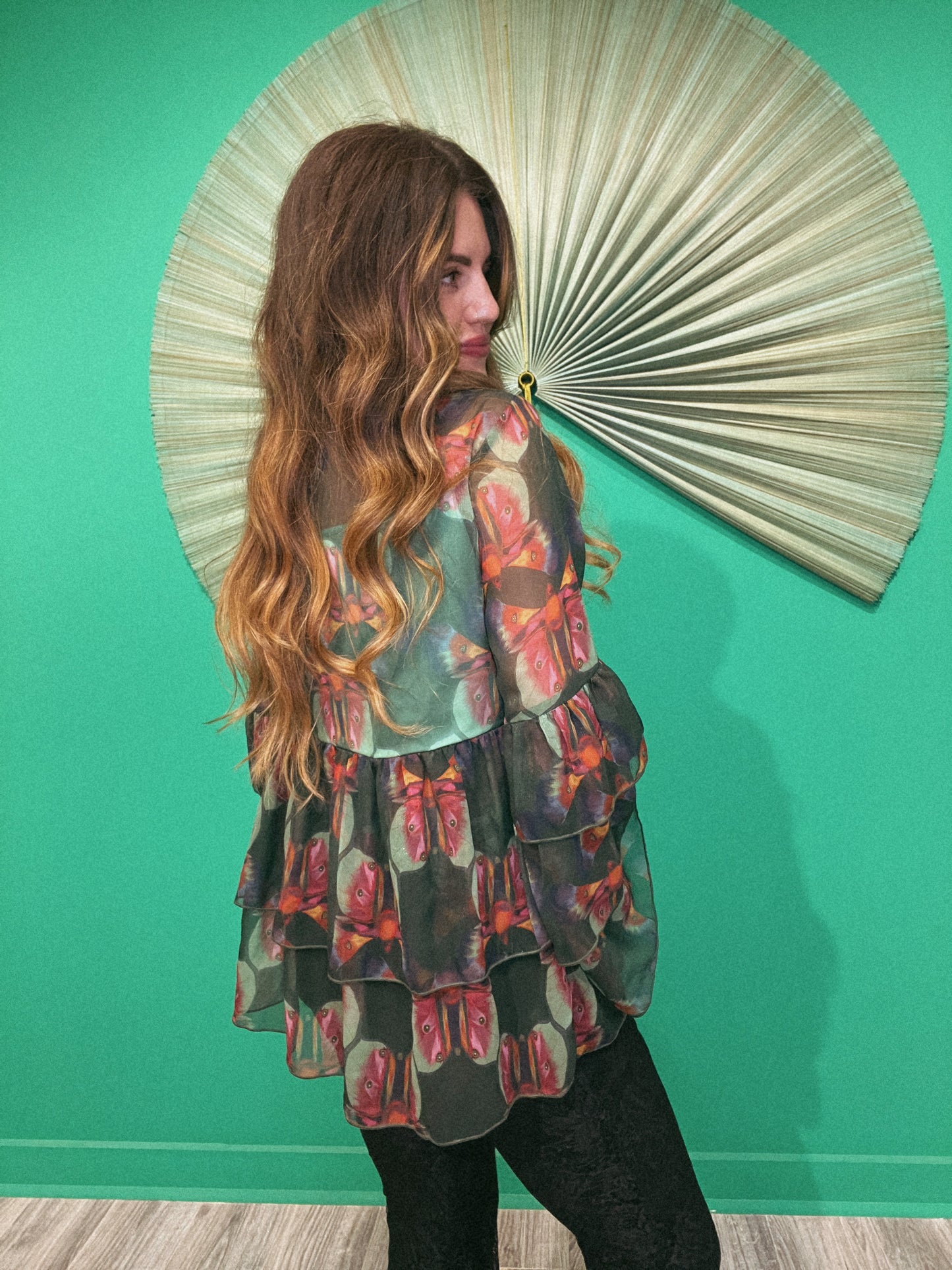 LTB 798 GREEN MOTH -LILLIAN RUFFLE SHEER TOP