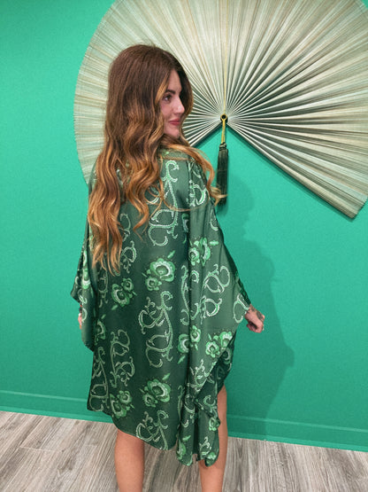 LTB788 EMERALD SWIRL- LENA SHORT KAFTAN -SATIN