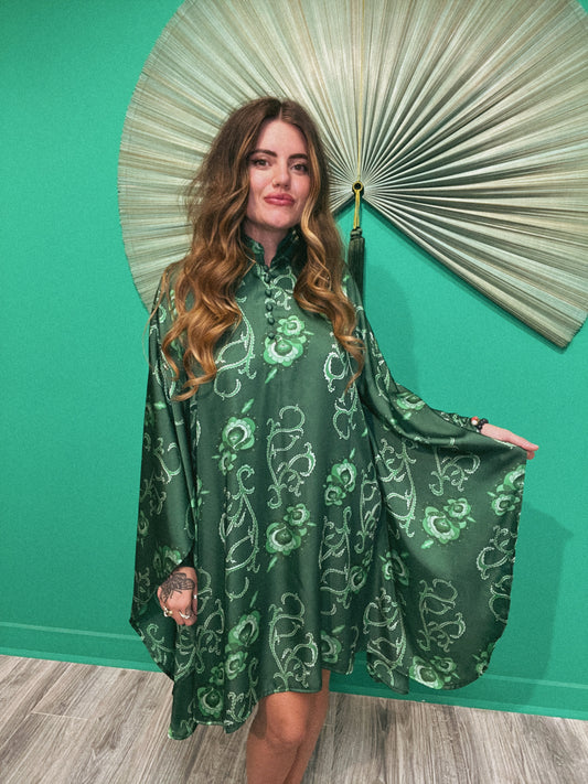 LTB788 EMERALD SWIRL- LENA SHORT KAFTAN -SATIN