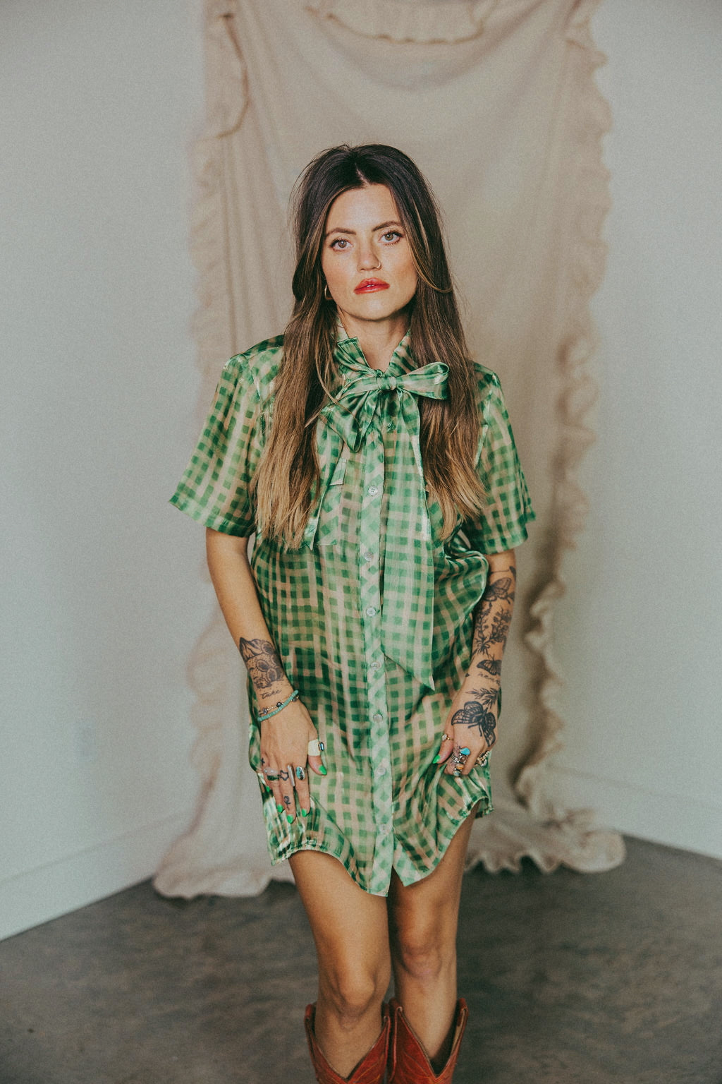 LTB 809 LAUREL GREEN GINGHAM SHEER TOP