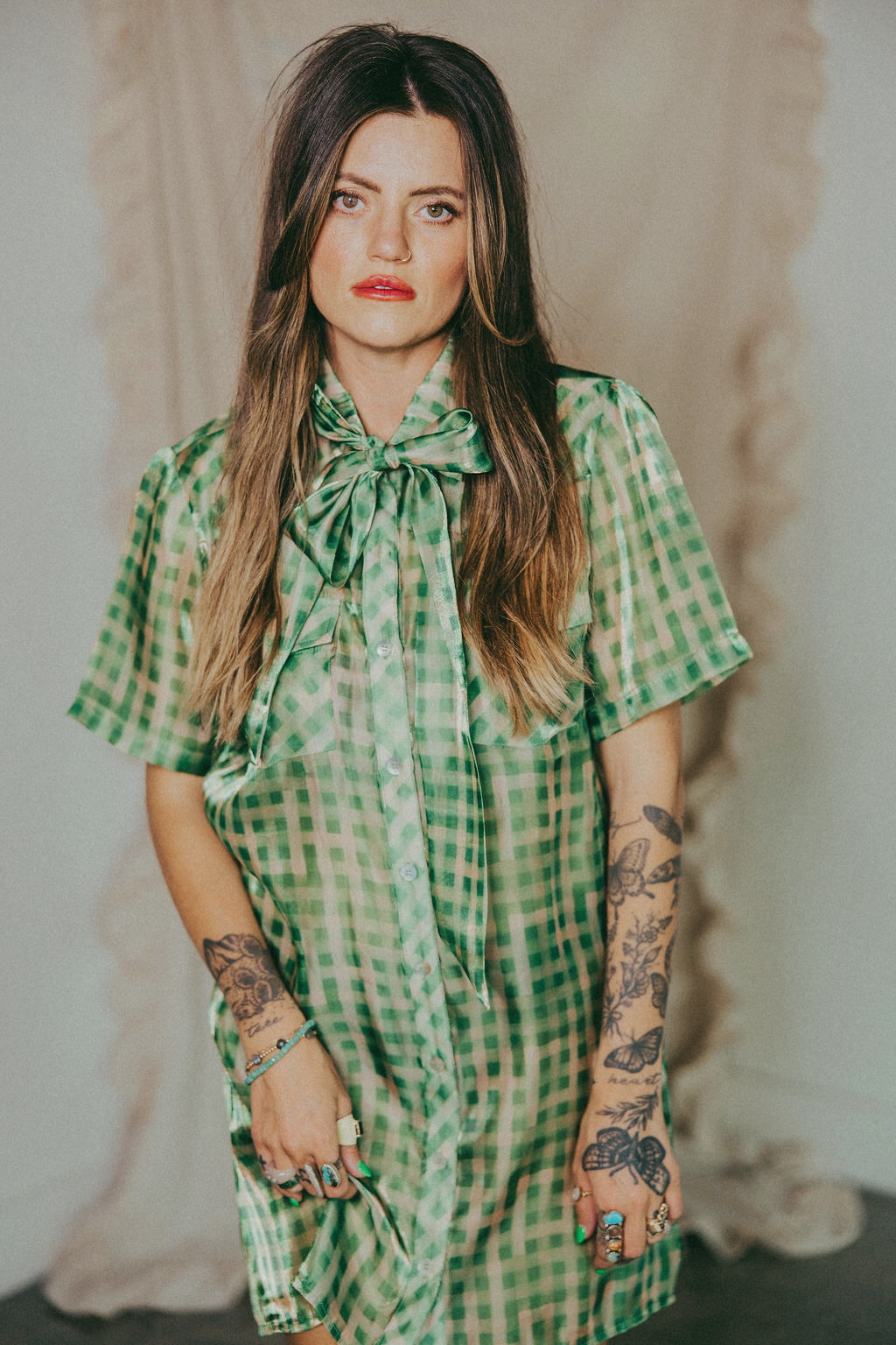 LAUREL GREEN GINGHAM SHEER TOP