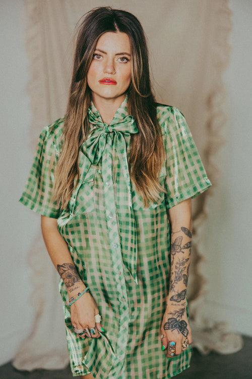 LAUREL GREEN GINGHAM SHEER TOP