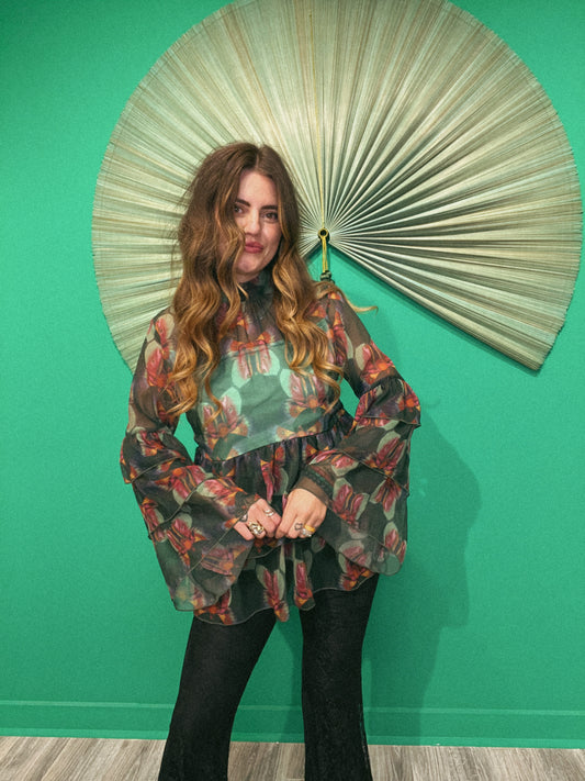LTB 798 GREEN MOTH -LILLIAN RUFFLE SHEER TOP